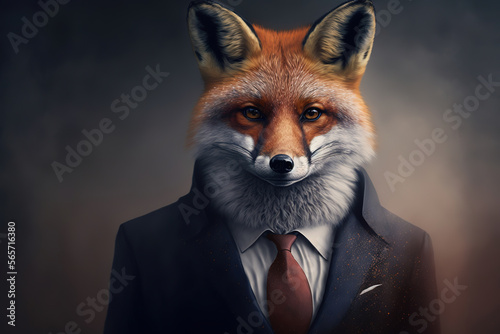 Portrait of a fox dressed in a formal business suit, art illustration 