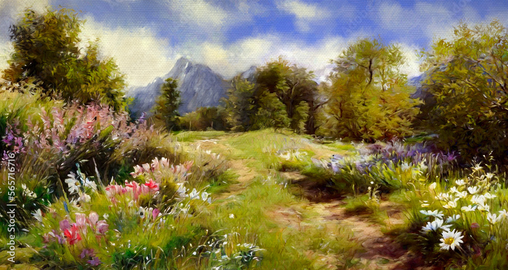 Digital oil paintings landscape, spring in the mountains. Fine art, artwork Digital oil paintings landscape, spring in the mountains. Fine art, artwork