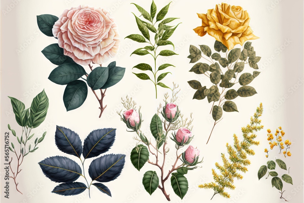 a bunch of different types of flowers and leaves on a white background ...