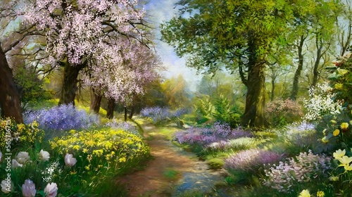 Oil paintings landscape, spring in the garden. Fine art, artwork