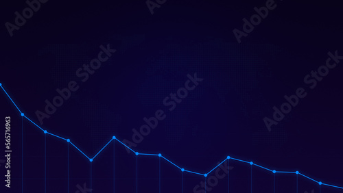 Photographie Simple descending light blue line graph on a dark blue background with pixelated world map