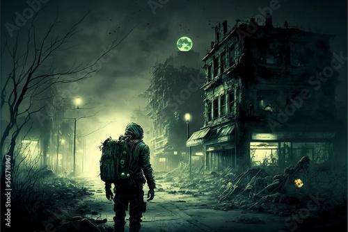 Zombie Apocalypse - A Deserted Town in Night Vision .