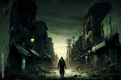 A Ghost Town in the Apocalypse - A Deserted Zombie Town in Night Vision .