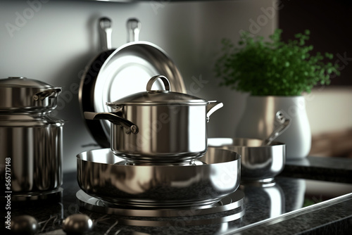  a kitchen counter with a pot and pan on it and a vase with a plant in it on the counter top next to it and a mirror.  generative ai