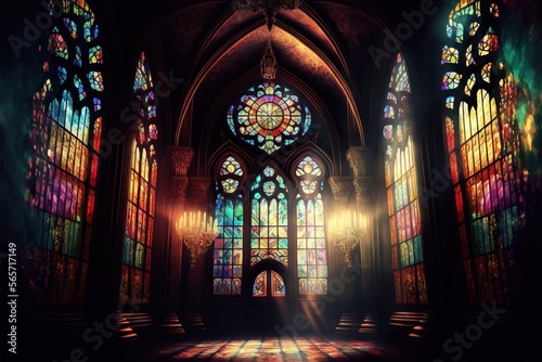  a church with stained glass windows and a light shining through the window panes on the floor and the walls and ceiling is dark and the light is shining.  generative ai photo