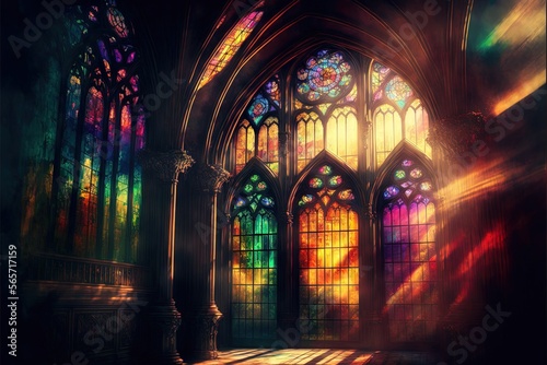  a painting of a cathedral with stained glass windows and a light beam coming from the window into the floor below it, and a light coming from the window.  generative ai photo