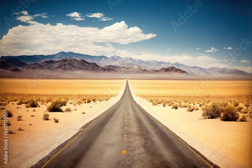  a long road in the middle of a desert with mountains in the background and a sky with clouds in the background, with a yellow line of a road leading to the horizon. generative ai