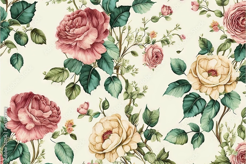  a floral wallpaper with pink and yellow flowers on a white background with green leaves and buds on the stems of roses, and a green stem.  generative ai