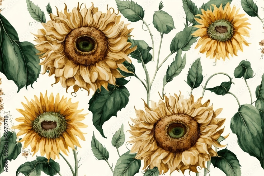  a painting of a sunflower with green leaves on a white background with a brown border around it and a green center piece of the sunflower.  generative ai