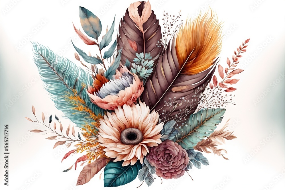  a bouquet of flowers and feathers on a white background with a blue border around it and a brown feather on the center of the bouquet.  generative ai