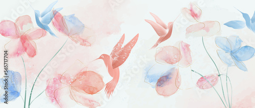 Luxury art background with pink and blue flowers and hummingbirds in a watercolor style with line art elements. Ink banner with botanical pattern for decor, wallpaper, interior design, textile, print.