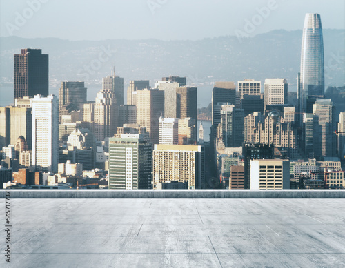 Empty concrete dirty rooftop on the background of a beautiful San Francisco city skyline at daytime, mockup
