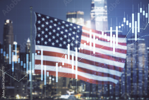 Multi exposure of virtual abstract financial graph interface on US flag and skyline background, financial and trading concept