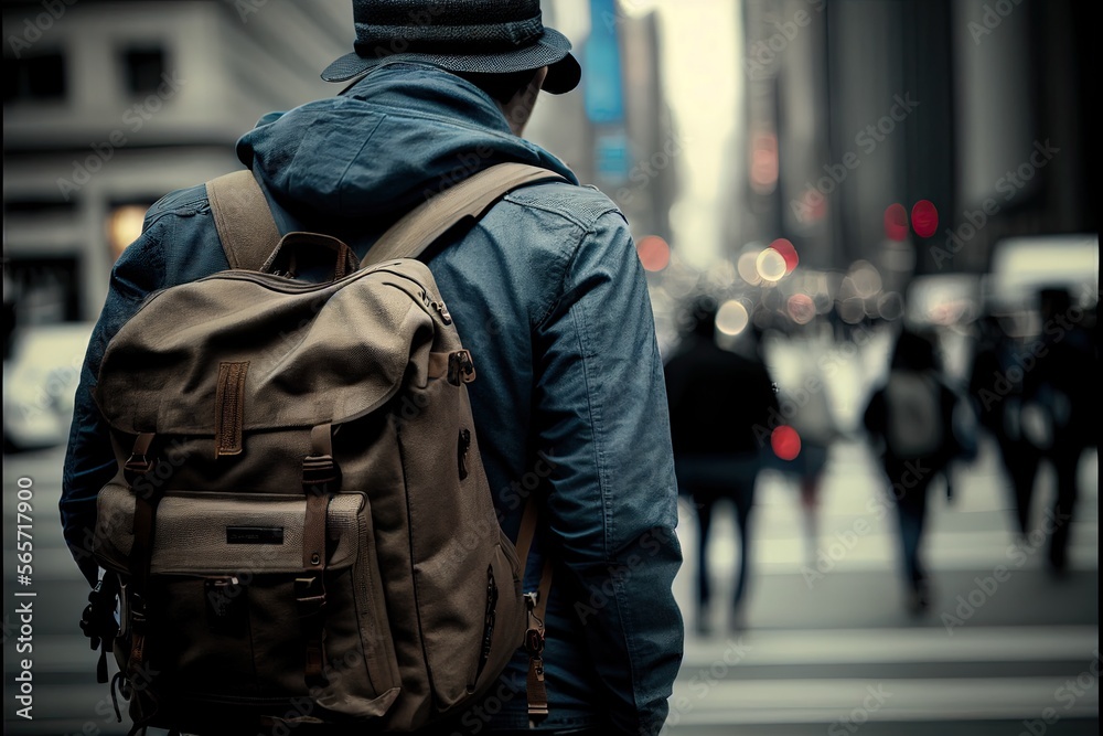 A tourist with a large backpack explores the city. Ai Generative A tourist with a large backpack explores the city. Ai Generative