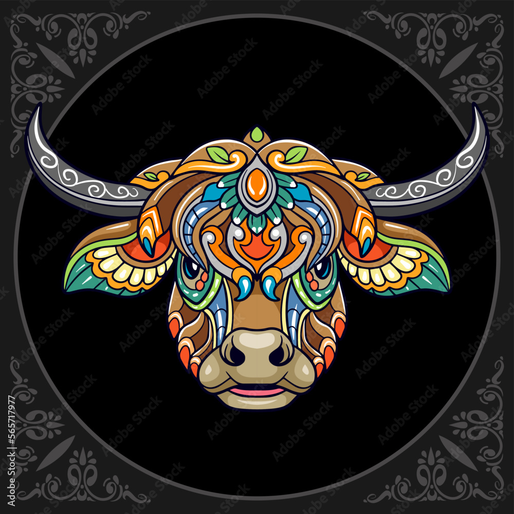 Fototapeta premium Colorful cow head mandala arts isolated on black background