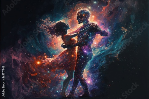  a couple dancing in the space with stars and a blue background with a red dress and a blue and purple background with a star cluster.  generative ai © Shanti