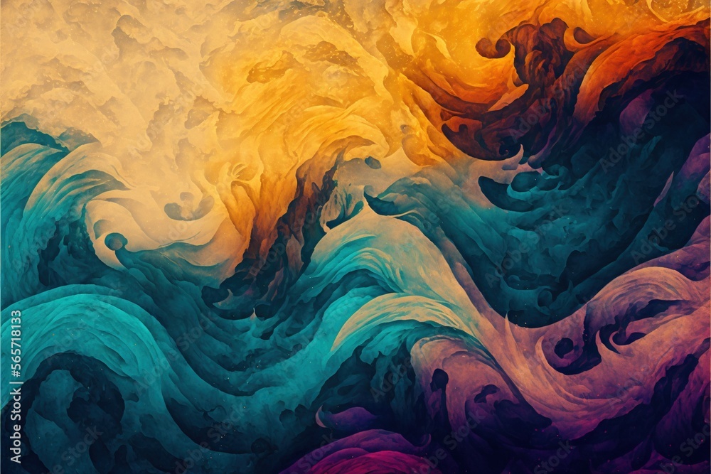  a painting of a wave with a yellow and blue background and a red and yellow background with a blue and yellow wave on it and a yellow background.  generative ai