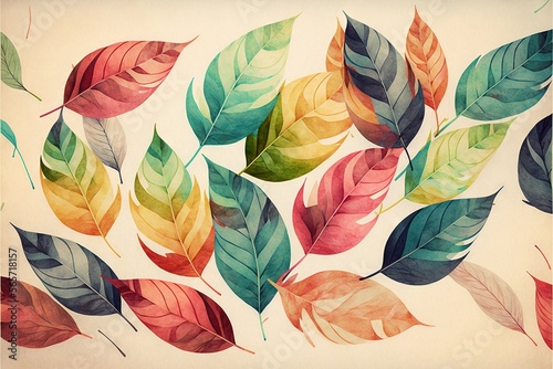  a painting of a bunch of leaves on a white background with a red, green, yellow, and orange color scheme on it's surface. generative ai