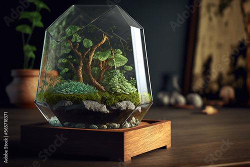 a glass vase with a small tree inside of it on a table next to a potted plant and a picture frame on the wall.  generative ai