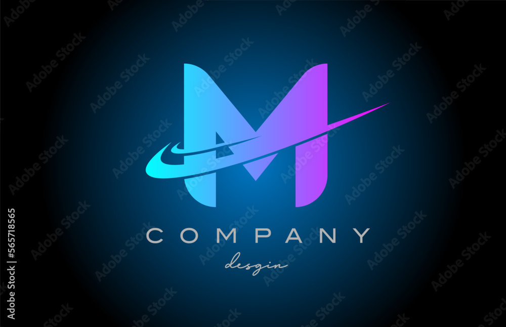 M pink blue alphabet letter logo with double swoosh. Corporate creative template design for company and business