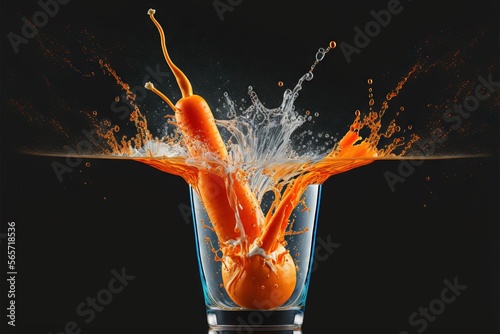  a carrot falling into a glass of water with splashing oranges on it's side and a black background with a black background.  generative ai photo