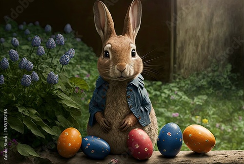 Easter Bunny and Eggs in a Garden