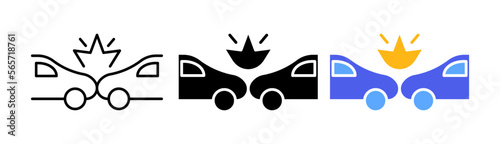 Dent on the car set icon. Car accident, drive, unable to control, warning sign, collision, collide, crash into wall, driver. Vector icon in line, black and colorful style on white background