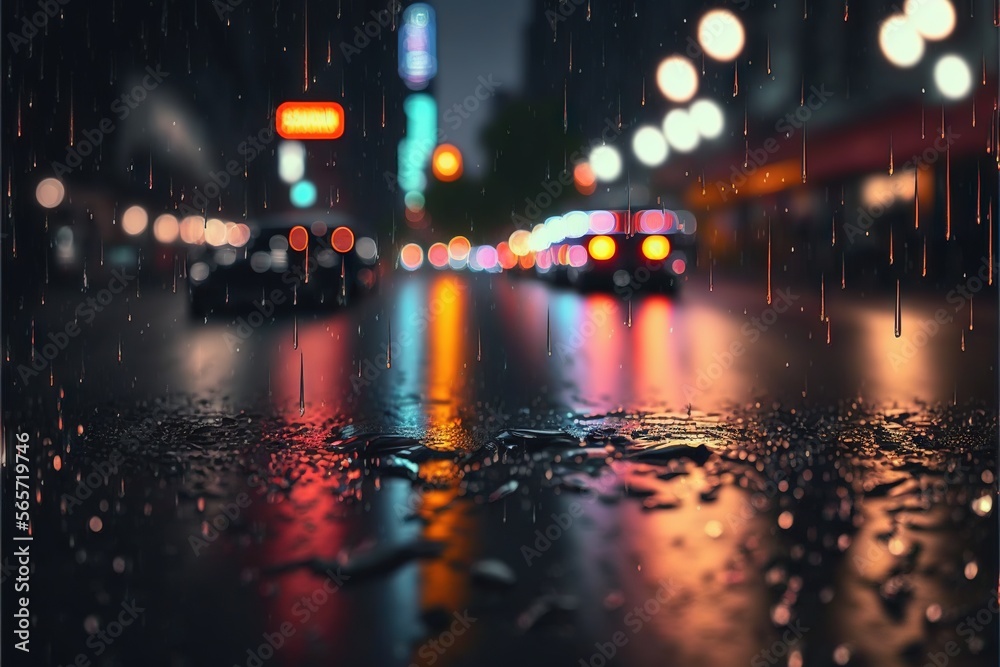  a rainy night with a car driving down the street and a traffic light in the background with rain drops on the ground and a city street.  generative ai