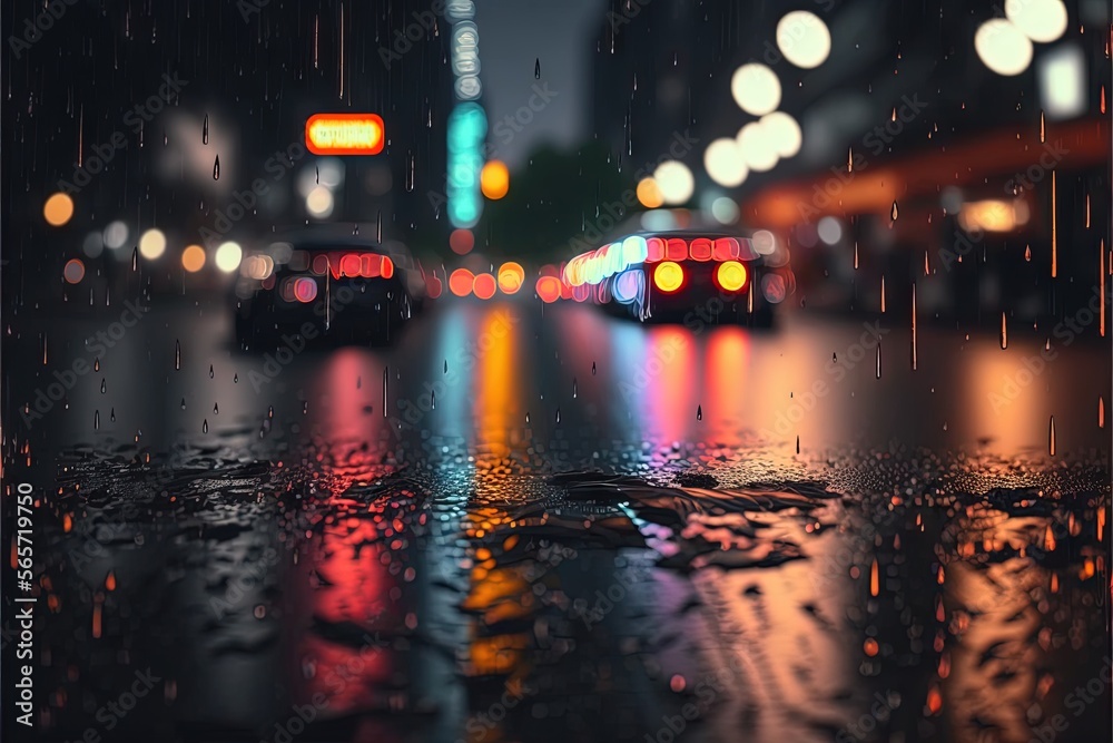  a rainy night with cars driving down the street and a street light in the background with rain drops on the ground and a blurry city street.  generative ai