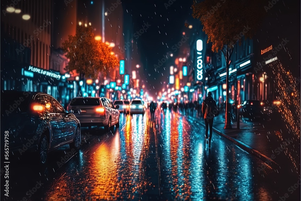  a city street at night with cars parked on the side of the road and people walking on the sidewalk in the rain and on the sidewalk.  generative ai