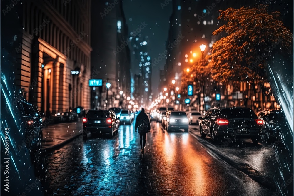  a person walking down a street in the rain at night with a car and a building in the background with lights on and a person walking on the sidewalk.  generative ai