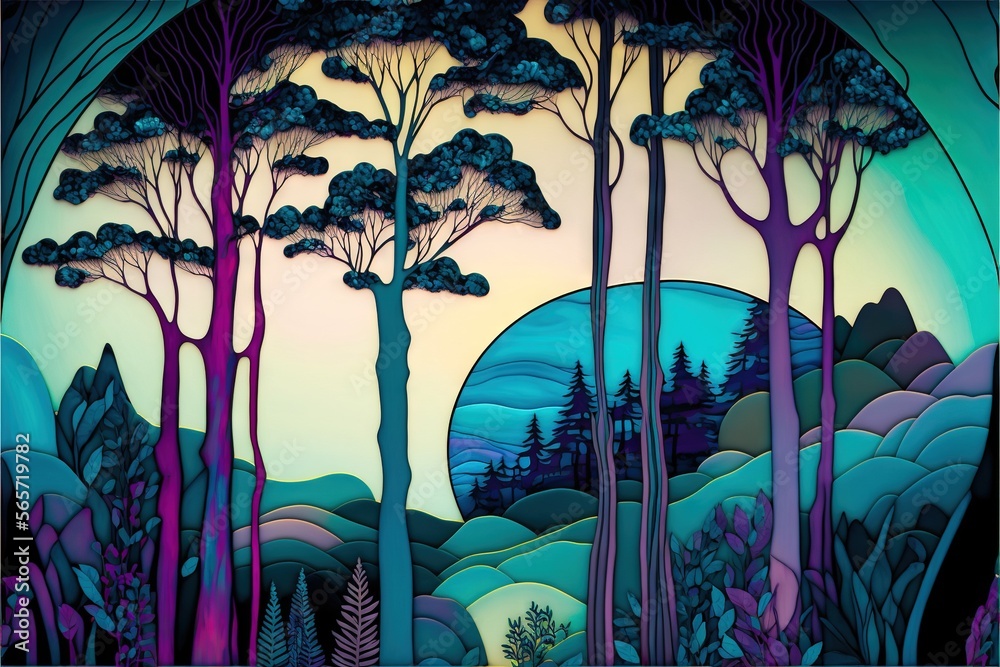 a painting of a forest with trees and a moon in the sky above it and a ...