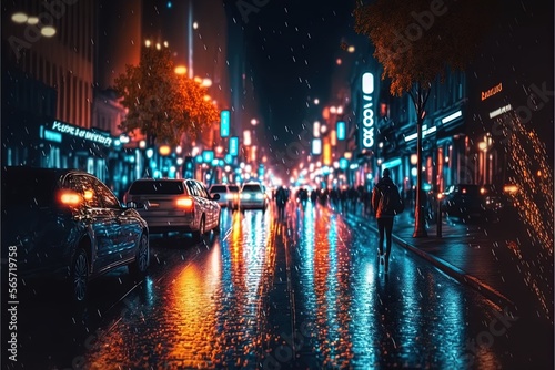  a city street at night with cars parked on the side of the road and people walking on the sidewalk in the rain and on the sidewalk. generative ai