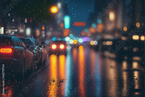  a city street at night with cars parked on the side of the road and a rain soaked street with lights on the street and buildings.  generative ai