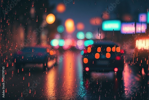  a rainy night with cars driving down the street and street lights in the background, and a blurry image of a city street with traffic. generative ai