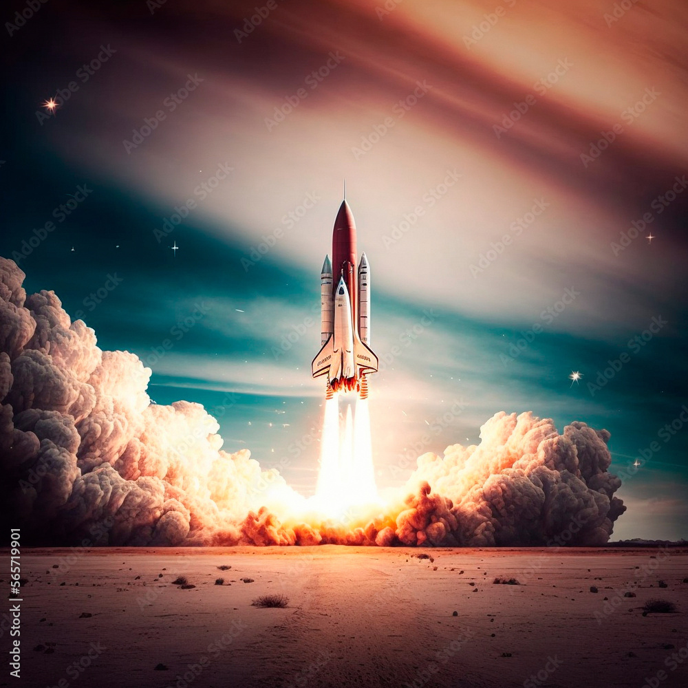 Cinematic rocket takeoff, panoramic view. High quality illustration