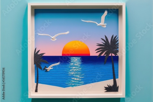  a painting of a beach scene with birds flying over the water and palm trees on the beach at sunset with a blue sky and white frame.  generative ai