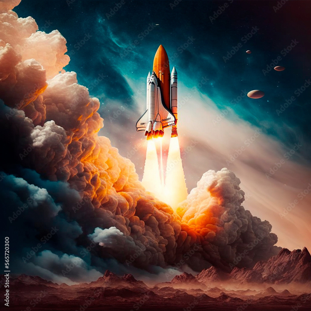 Cinematic rocket takeoff, panoramic view. High quality illustration