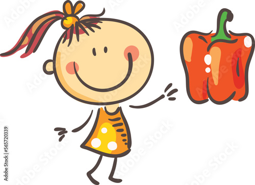 Cute little cartoon girl with vegetable - paprica. Healthy food and kid, vector clipart illustration.