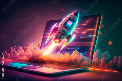 Rocket taking off in open laptop on ultraviolet background. Startup takes off for launching new business. Entrepreneurship, success strategy, investment, digital marketing. Generative AI. photo