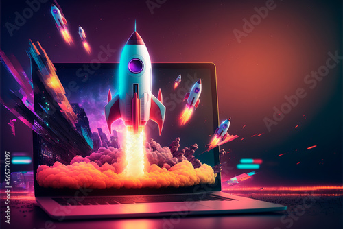 Laptop with a rocket taking off. Concept of earning money online, working in digital business, entrepreneurship, cryptocurrency, investment, digital marketing. Generative AI. photo