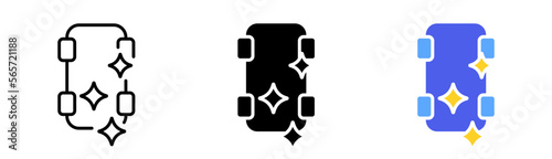 Car wash set icon. Car interior cleaning, clean, shining stars, shine, wipe, hand, seat. Service concept. Vector icon in line, black and colorful style on white background