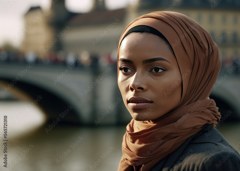 Northern African young woman wearing a hijab posing near a Paris Bridge. Generative AI Northern African young woman wearing a hijab posing near a Paris Bridge. Generative AI