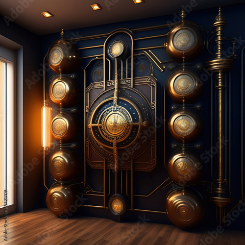 Generative AI: Metal steampunk wall with mechanism and metal. Abstract texture illustration