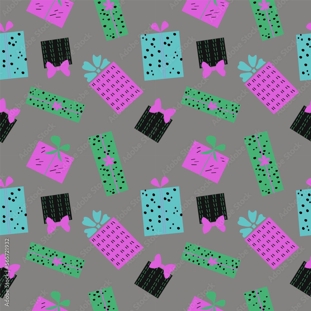Cute repeating seamless pattern with colorful gift boxes on a dark gray background. Decorative gifts in ornament for textile, wrapping paper and packaging design Cute repeating seamless pattern with colorful gift boxes on a dark gray background. Decorative gifts in ornament for textile, wrapping paper and packaging design