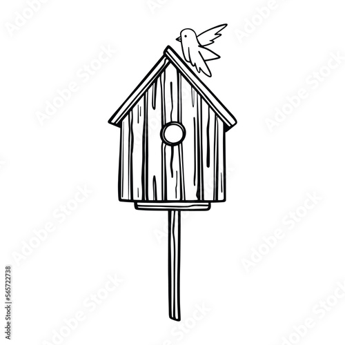 Wooden birdhouse with a bird. House for birds. Coloring book. Spring vector doodle illustration, hand drawn on transparent background