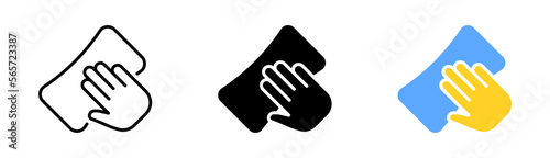 Hand with sponge set icon. Car interior cleaning, clean, shining stars, shine, wipe, hand, seat. Service concept. Vector icon in line, black and colorful style on white background