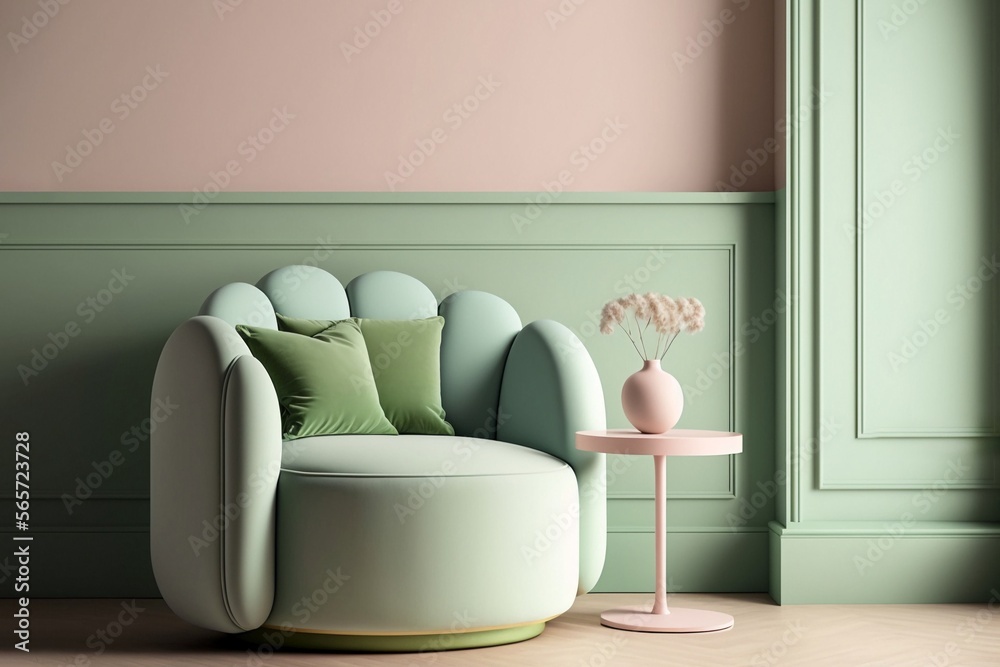 A modern green armchair in a minimalist interior in pistachio and pink