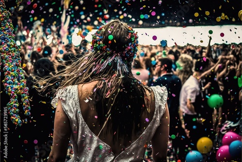 Brazilian carnival, party, confetti, falling colored ribbons, glitter, golden, watercolor, Generative AI