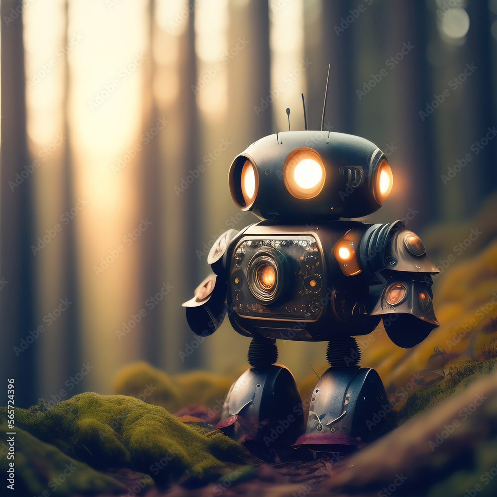 Generative AI: Cute and little robot helper with artificial intelligence in the forest Generative AI: Cute and little robot helper with artificial intelligence in the forest
